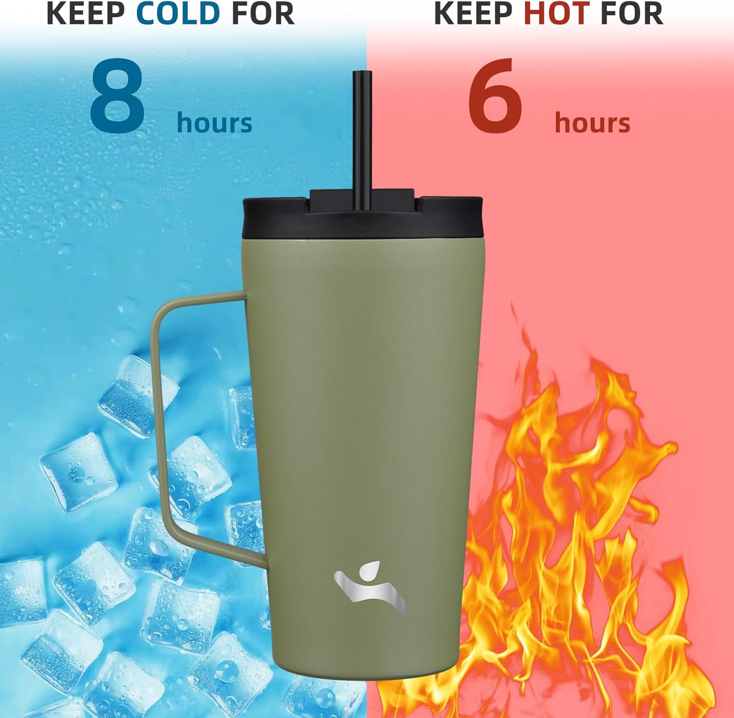 Insulated Tumbler with Handle and Straw, 18 OZ Travel Coffee Mug Stainless Steel Cup Metal Water Bottle,Camp Green - Image 4