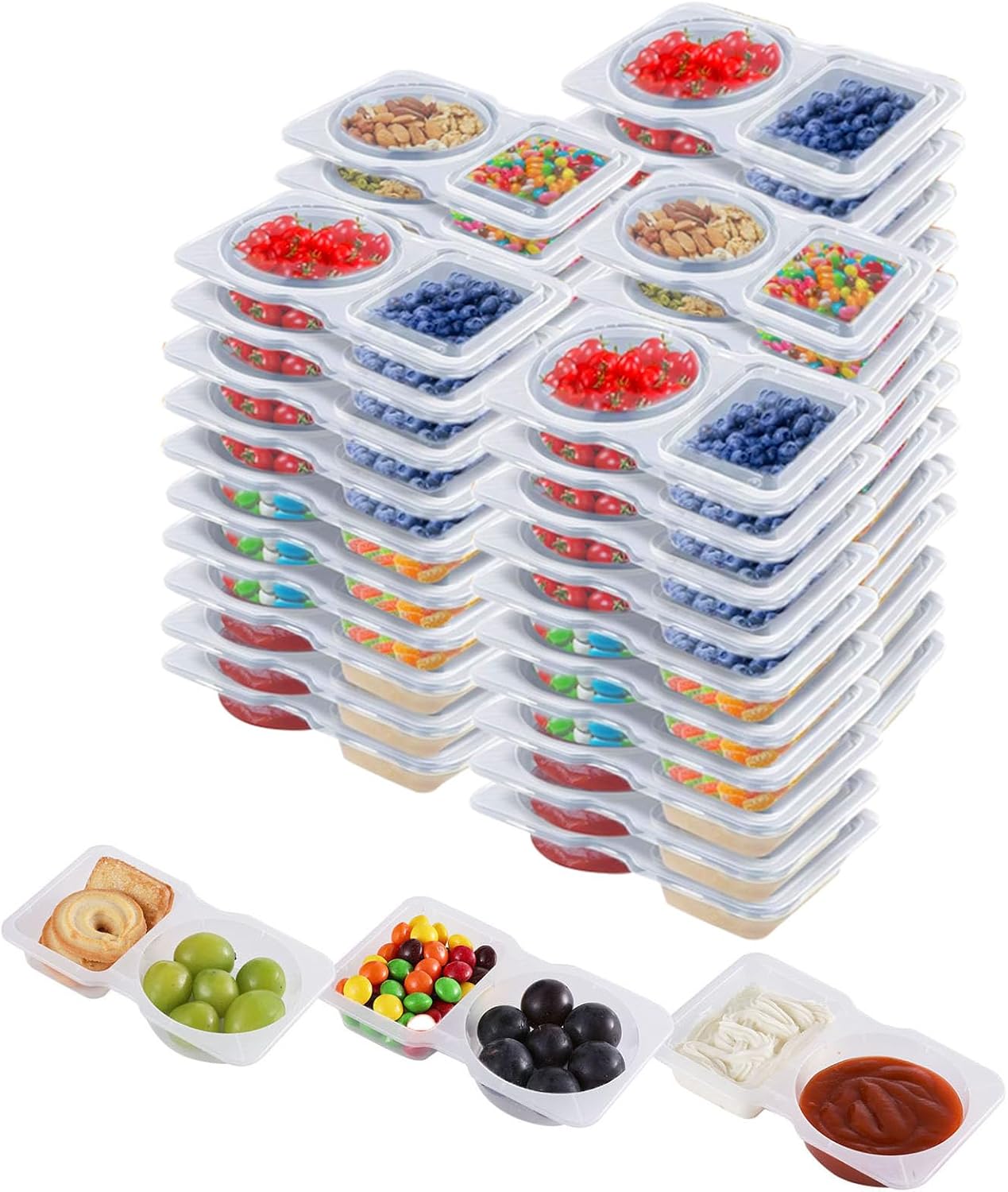 50 Pack Double Compartment Condiment Container with Lids,2 Compartment Small Resuable Snack Box Containers, 5 Oz Divided Snack Tray For Meal Prep,Sauce,Salad,Travel