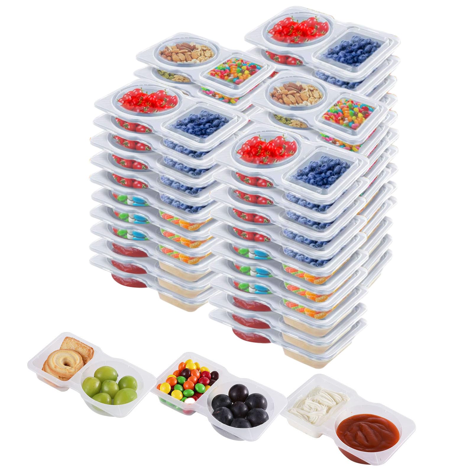 Gewürzbehälter mit 2 Fächern und Deckel, 2 Fächer, kleine wiederverwendbare Snackbox-Behälter, 142 ml, unterteiltes Snack-Tablett für Mahlzeiten, Saucen, Salat, Reisen, 50 Stück