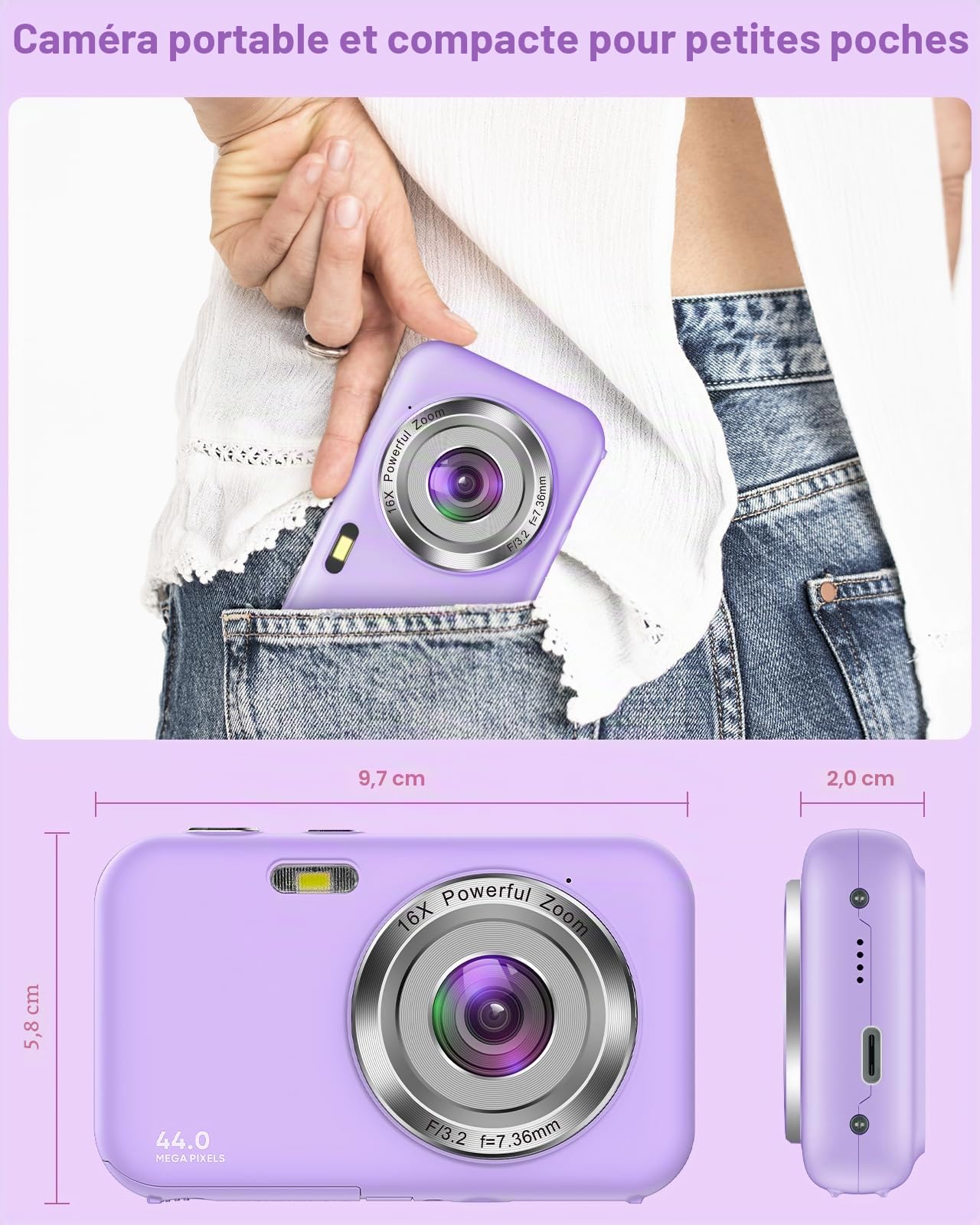 Appareil Photo Numérique avec Carte 32Go, 1080P 44MP Appareils Photo Compact avec 16X Digital Zoom et Batterie, Rechargeables Caméra pour Enfant,Adolescent, Adulte, Débutant (Violet)
