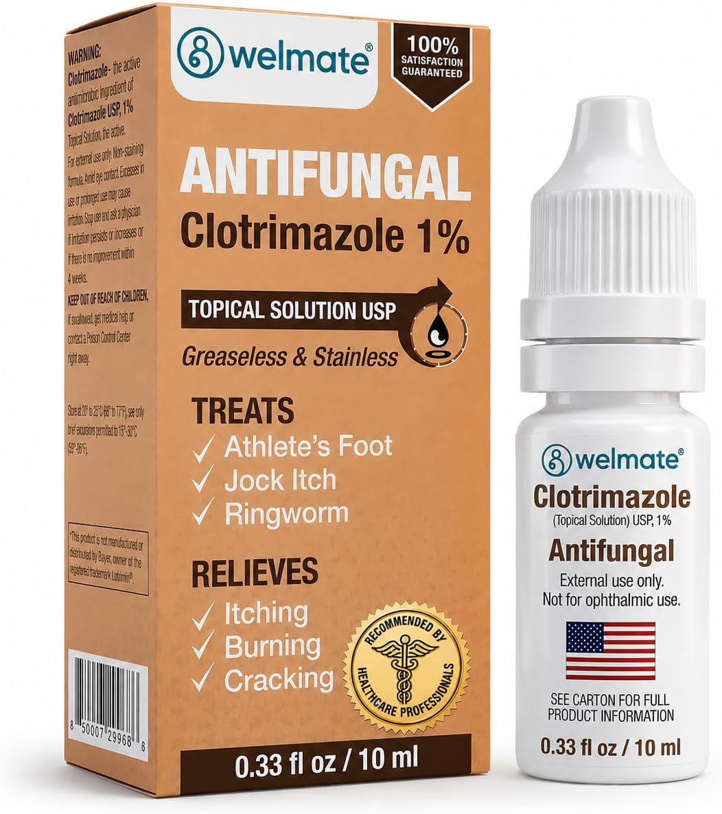 Clotrimazole 1% Antifungal Topical Solution | 0.33 fl oz (10mL) Athlete's Foot, Jock Itch, Ringworm Treatment & Ear Drops, Greaseless Non-Staining, Fast Relief for Itchy, Burning Skin