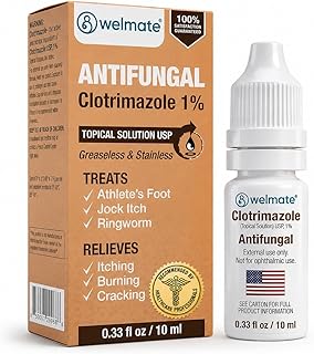 WELMATE Clotrimazole 1% Antifungal Topical Solution | 0.33 fl oz (10mL) Athlete's Foot, Jock Itch, Ringworm Treatment & Ear Drops, Greaseless Non-Staining, Fast Relief for Itchy, Burning Skin