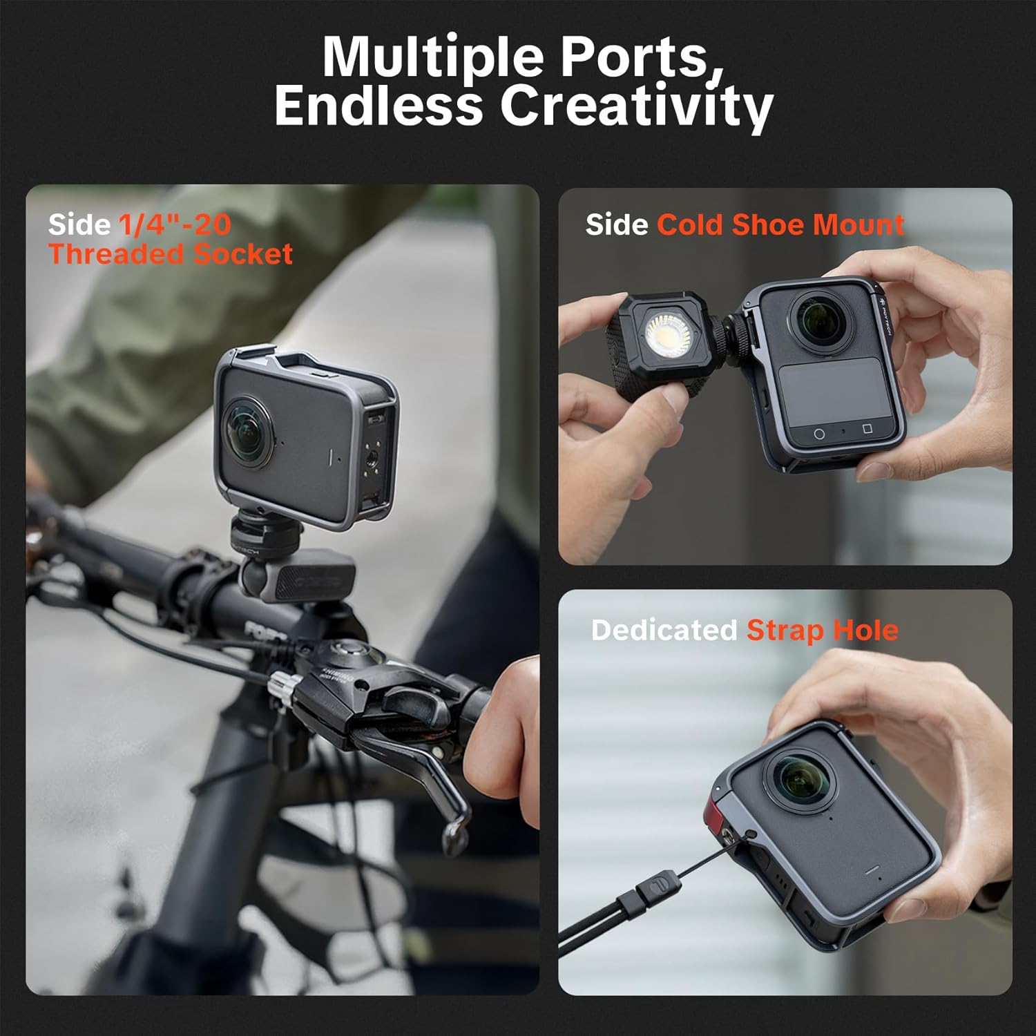 PGYTECH Camera Cage for DJI OSMO 360, Durable Aluminum Alloy Protective Case with Quick Release Knob, Built-in Cold Shoe Mounts and 1/4" Threads, Silicone Lens Cover Action Camera Frame - Image 5