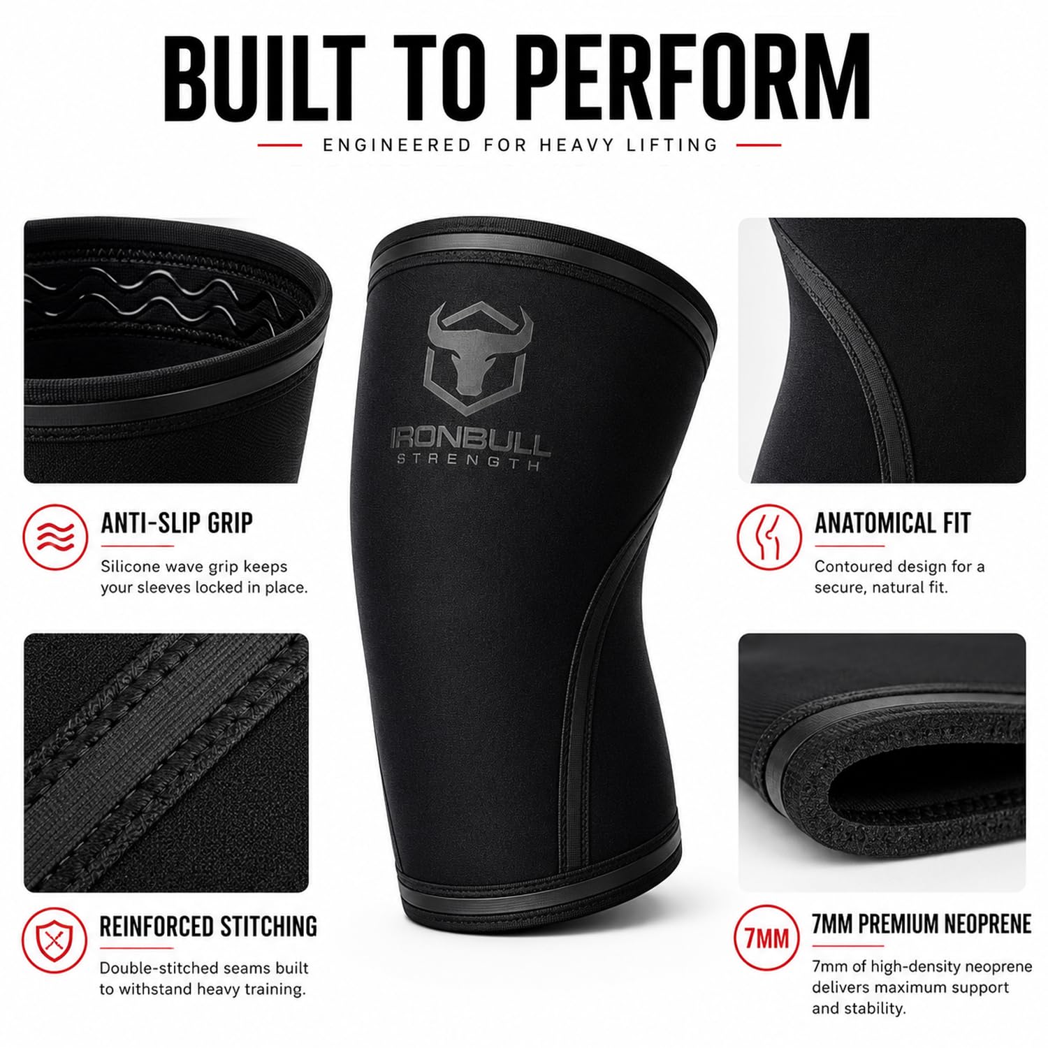 Iron Bull Strength Ginocchiere da 7mm (1 Paio) - Ginocchiera di Supporto Ad Elevate Prestazioni per Sollevamento Pesi, Powerlifting & Crossfit - La Miglior Cinghia & Fascia per Il Ginocchio