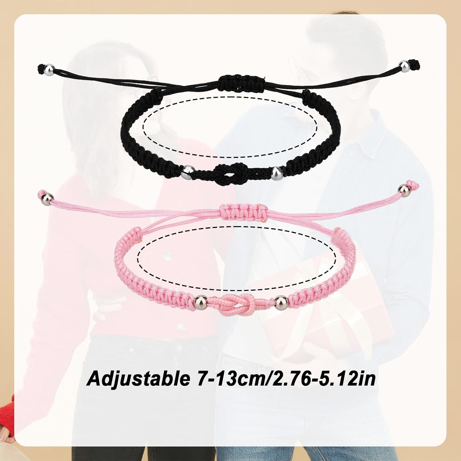 2pcs Love Knot Bracelets, Adjustable Couples Knot Bracelets with Card for Anniversary Valentine & Birthday (Black and Pink) - Image 2