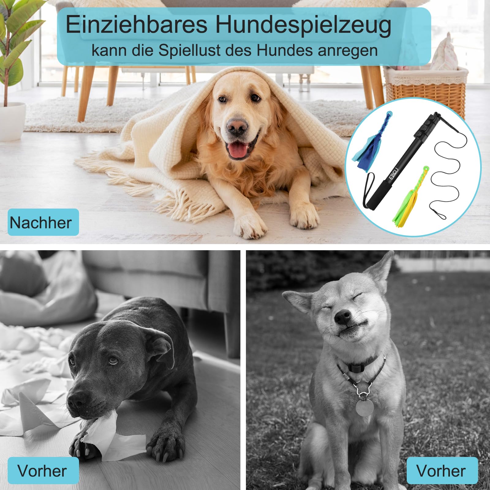 ETACCU Reizangel Hunde Große Hunde, Hundespielzeug Ausziehbar, 150cm Flirt Pole mit Seil Spielzeug, Hundespielzeug Für Kleine & Mittlere & Große
