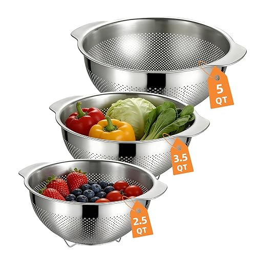 Colanders & Food Strainers,304 Stainless Steel Colander,3 Pcs Kitchen Strainers