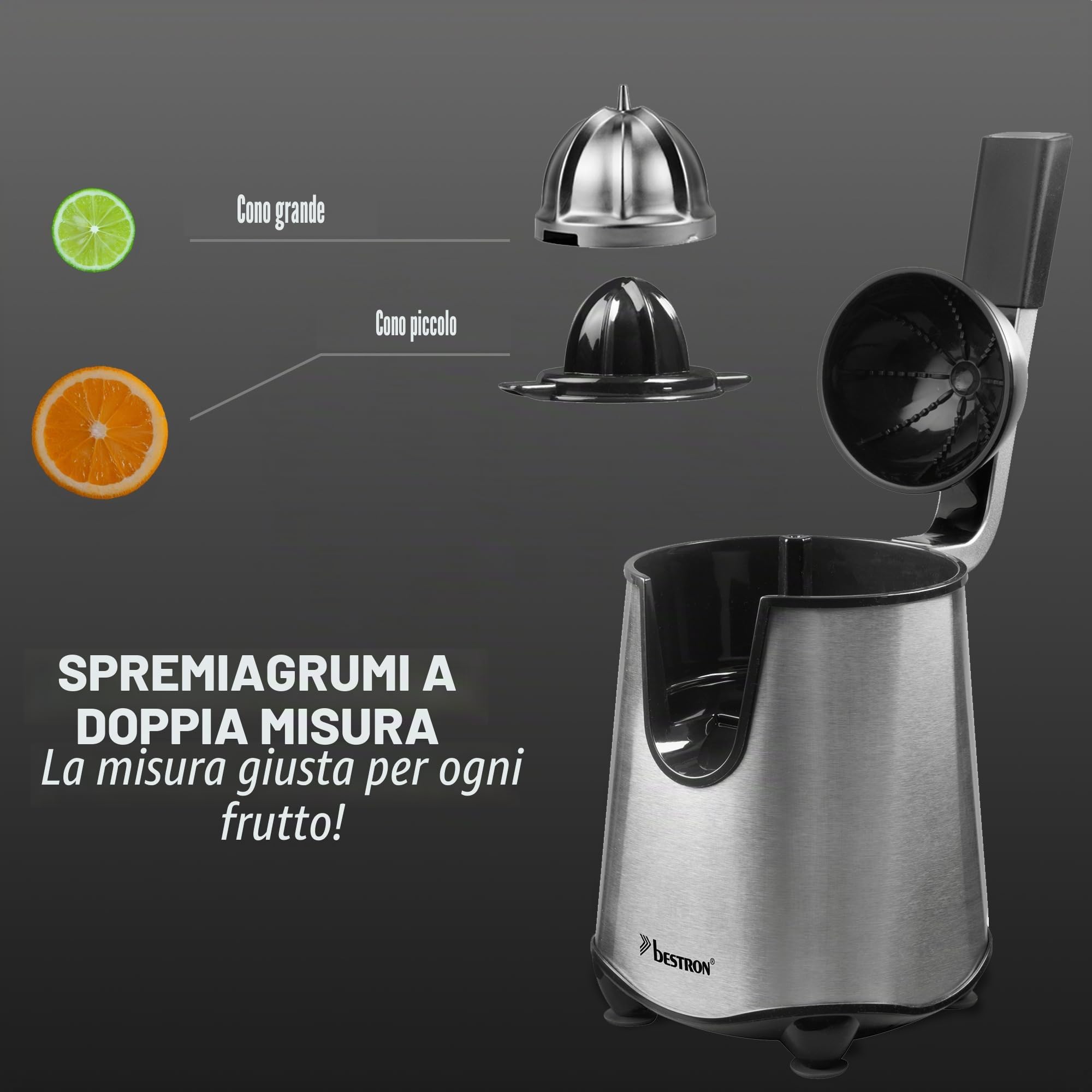 Bestron Spremiagrumi elettrico, spremiagrumi con funzione di arresto e filtro polpa in acciaio inox, con 2 coni, capacità 450 ml, leva soft pressa per un facile utilizzo, colore: argento