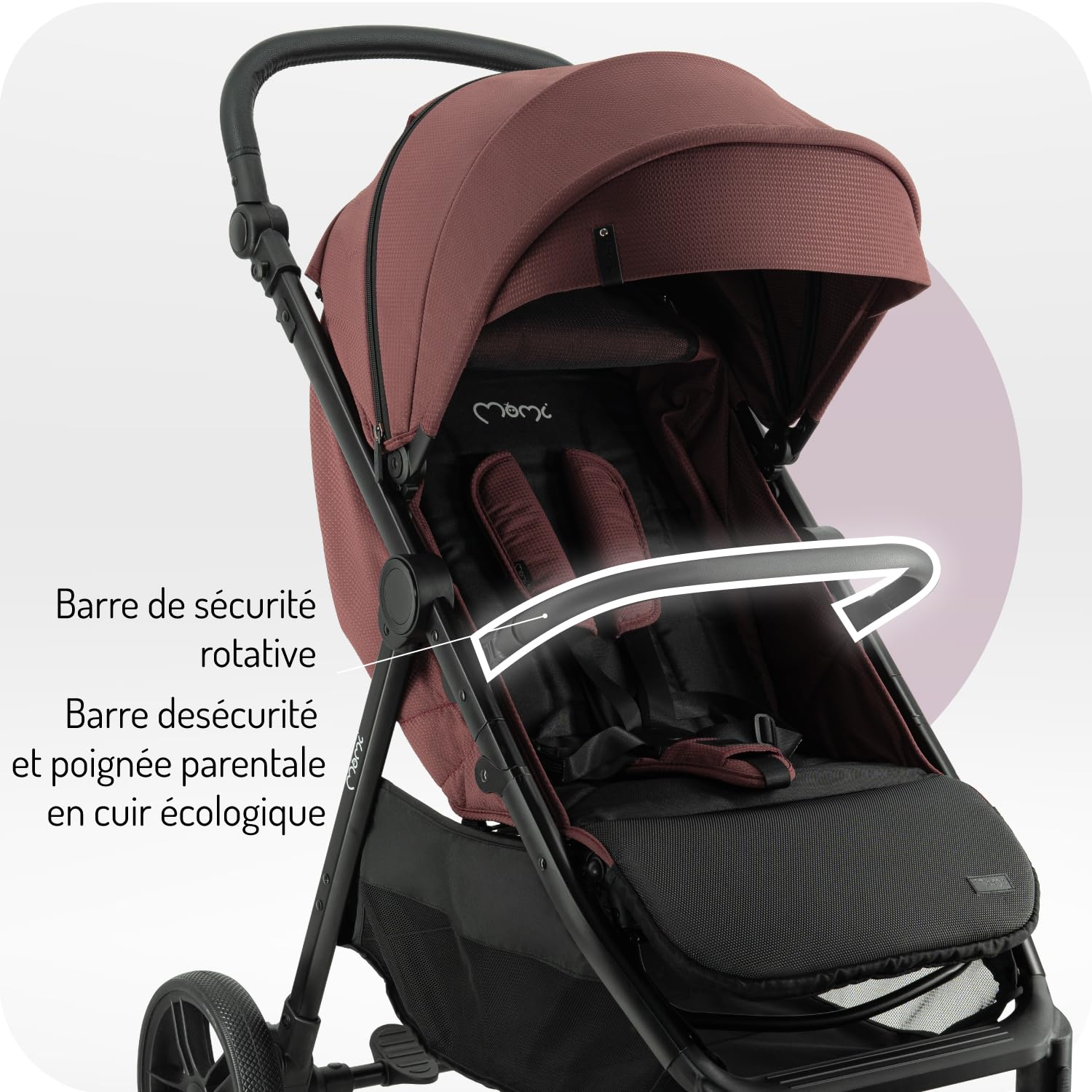 Poussette MoMi CLARA à partir de 6 mois, jusqu'à 22 kg de poids corporel, harnais de sécurité 5 points, couvre-jambes, porte-gobelet, panier de courses, sac, moustiquaire, habillage pluie