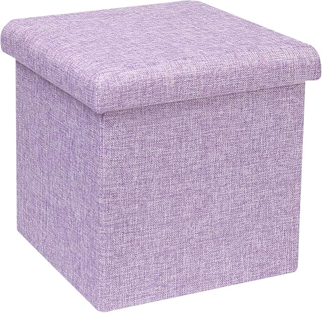 Bonlife Folding Ottoman Storage Boxes Small Footstool with Bedroom Seat Linen Toy Chest Living Room Furniture 30x30x30cm (Light purple)