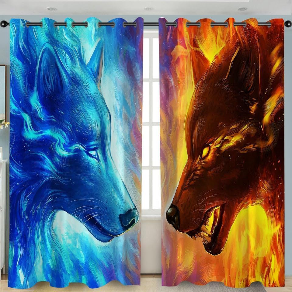 ZZTBQ Wolf 63 Inch Drop Blackout Curtains - Eyelet Top Window Drapes Sunlight Block Out Privacy Protected Full Shading, W52 inch x L63 inch, 2 panels