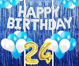 Flyloons 24th Birthday Decoration items for Girls with Blue and White Balloons, Silver Happy Birthday Banner, Blue Foil curtains, Foil Balloon number 24