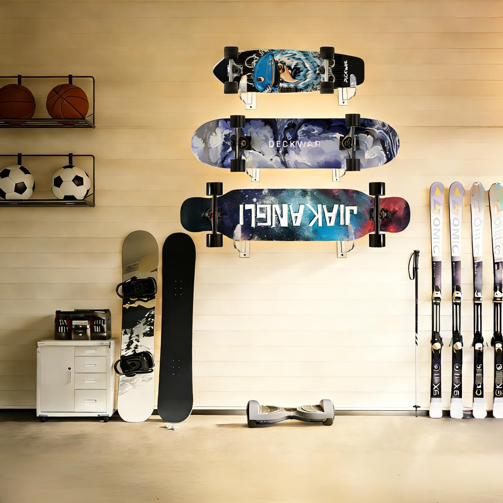 AUXPhome Scaffale da parete per skateboard, per 4 tavole, porta attrezzi da parete per longboard, espositore da parete, per appendere a parete, per casa e garage