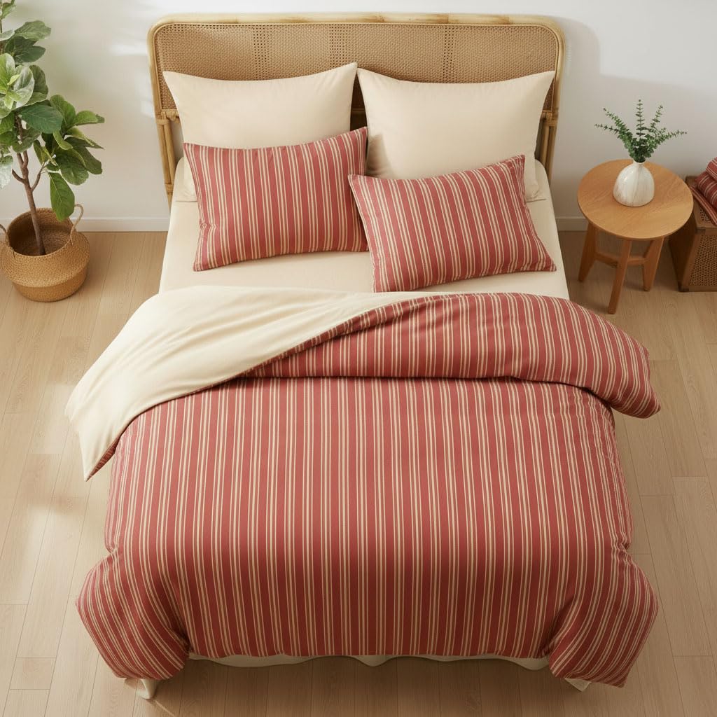 Covebett Red Striped Duvet Cover King Red and Beige Stripe Reversible Bedding Set 3pcs Modern Burgundy Microfiber Comforter Cover 220x230 cm with Zipper Closure and 2 Pillowcases 50x75 cm