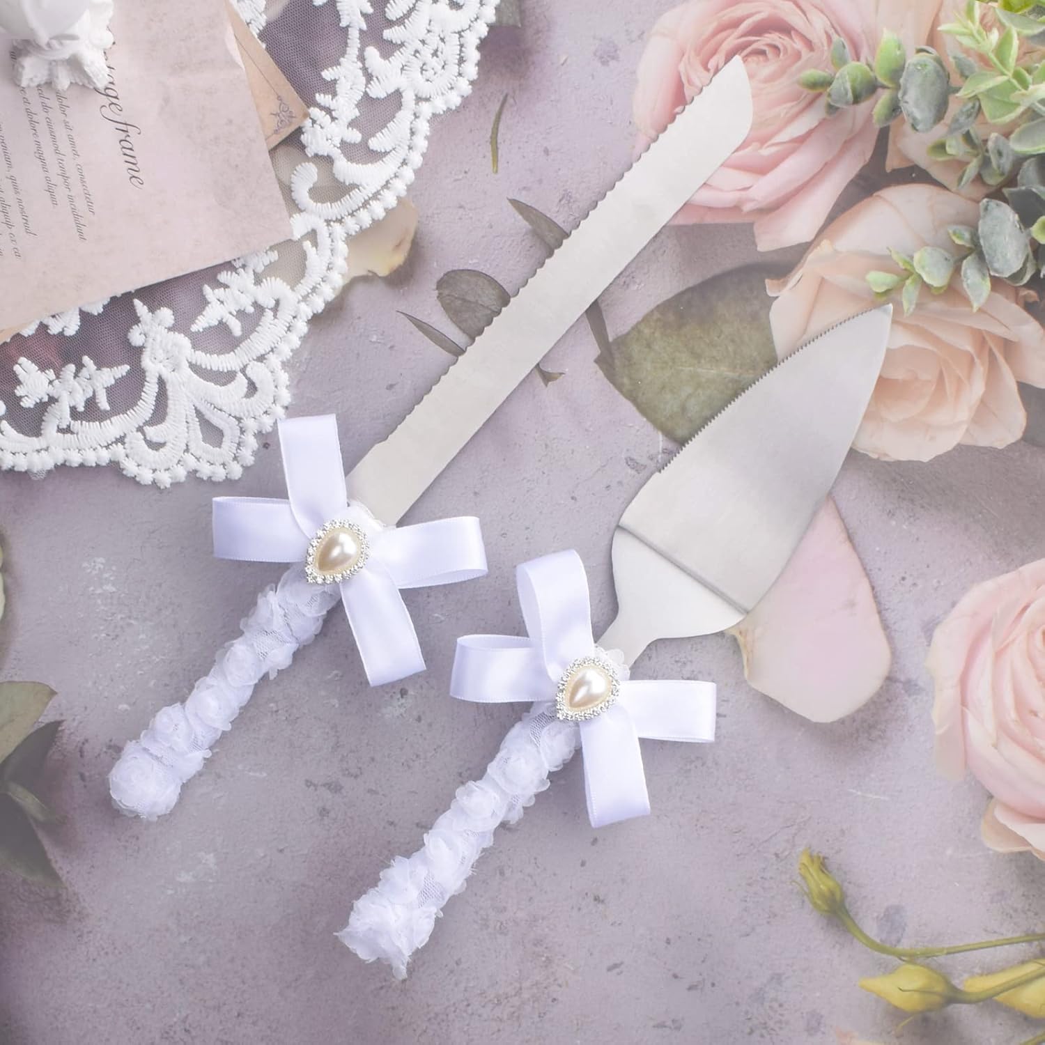 ATAILOVE Wedding Cake Knife and Server Set, White Lace