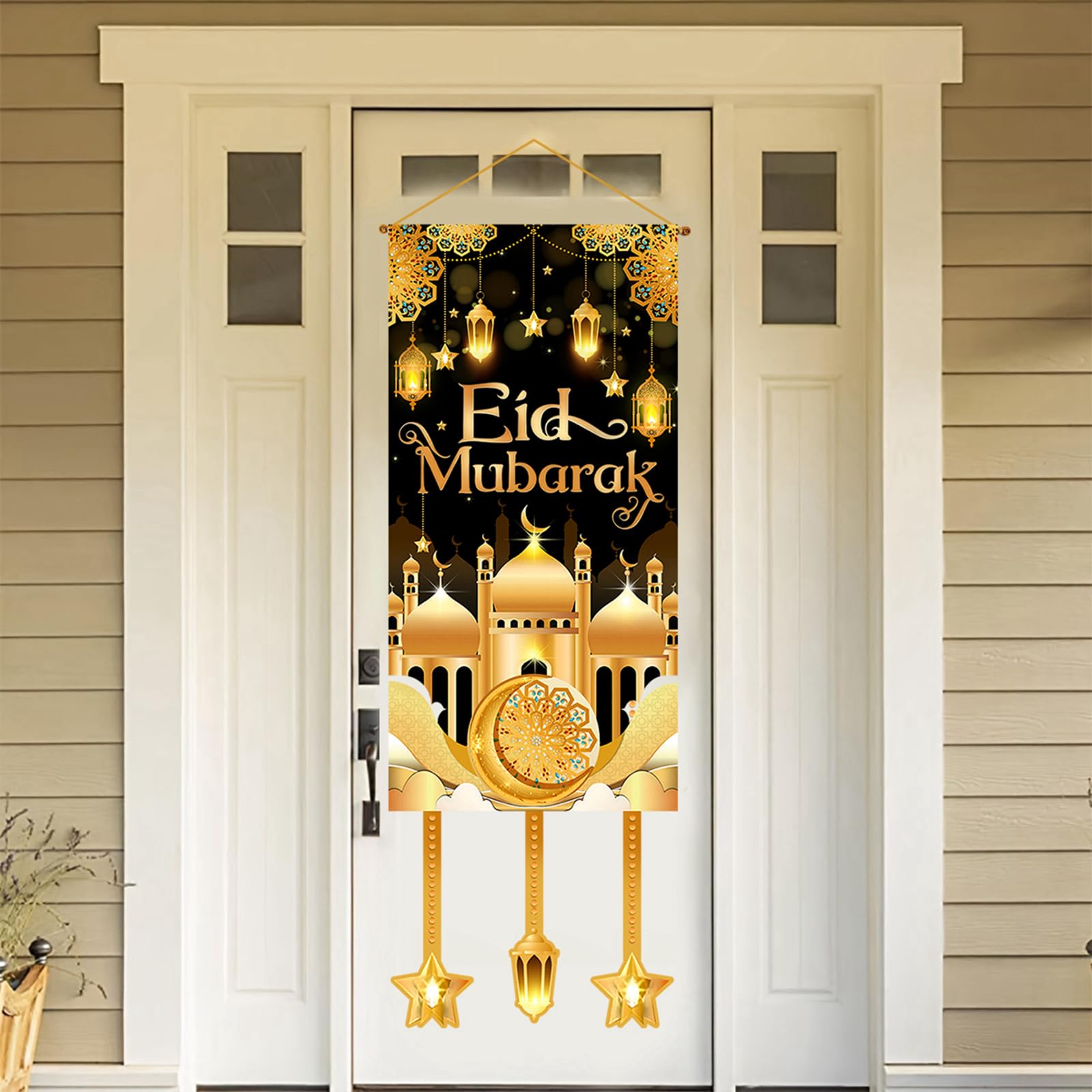 Eid Mubarak Ramadan Hanging Door Decoration, Black Gold Moon Lantern Hanging Banner for Ramadan Decorations, 2025 Eid Mubarak Party, Passover Decor for Home Outdoor