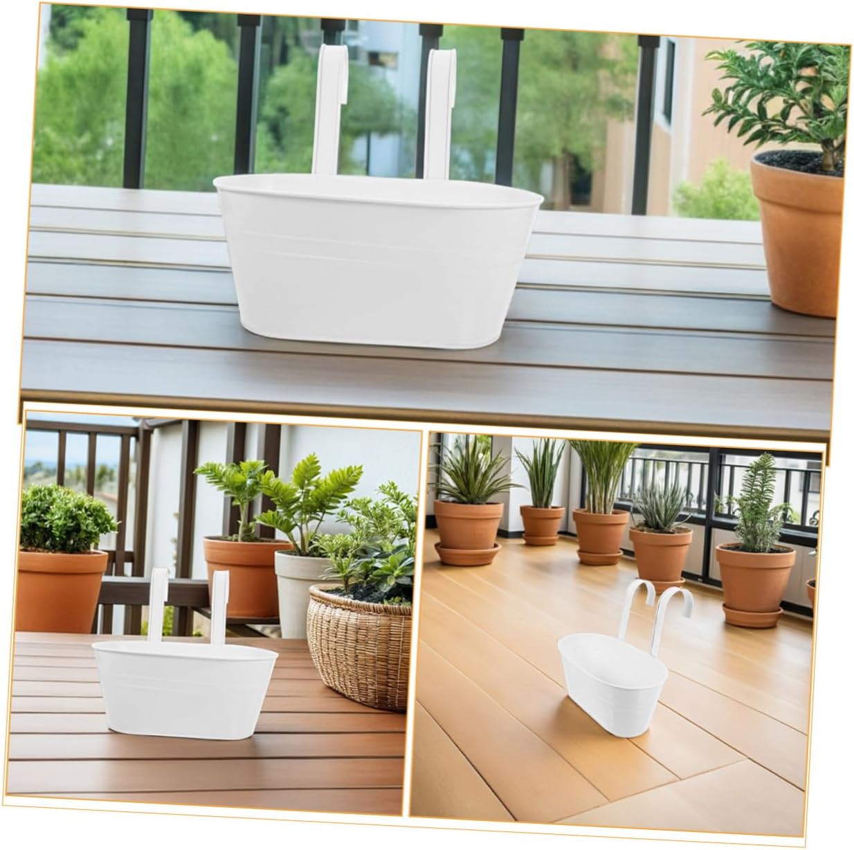 Operitacx 3pcs White Iron Metal Hanging Flower Planters with Detachable Handles for Balcony Deck Railing Outdoor Garden Window Box Buckets