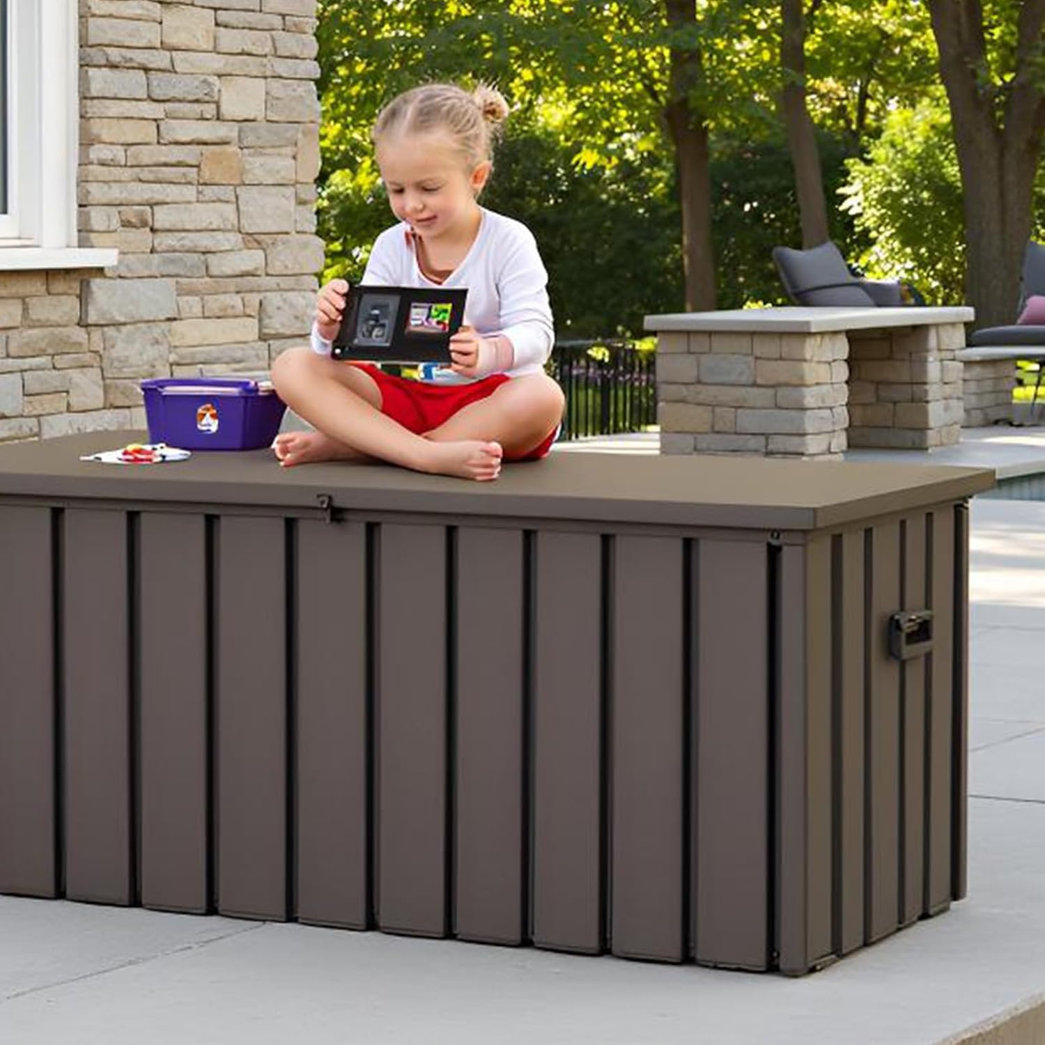 200 Gallon Metal Deck Box, Outdoor Storage Box Waterproof with Wheels, Lockable Storage Container for Patio Furniture Cushions Garden Tools, Dark Brown