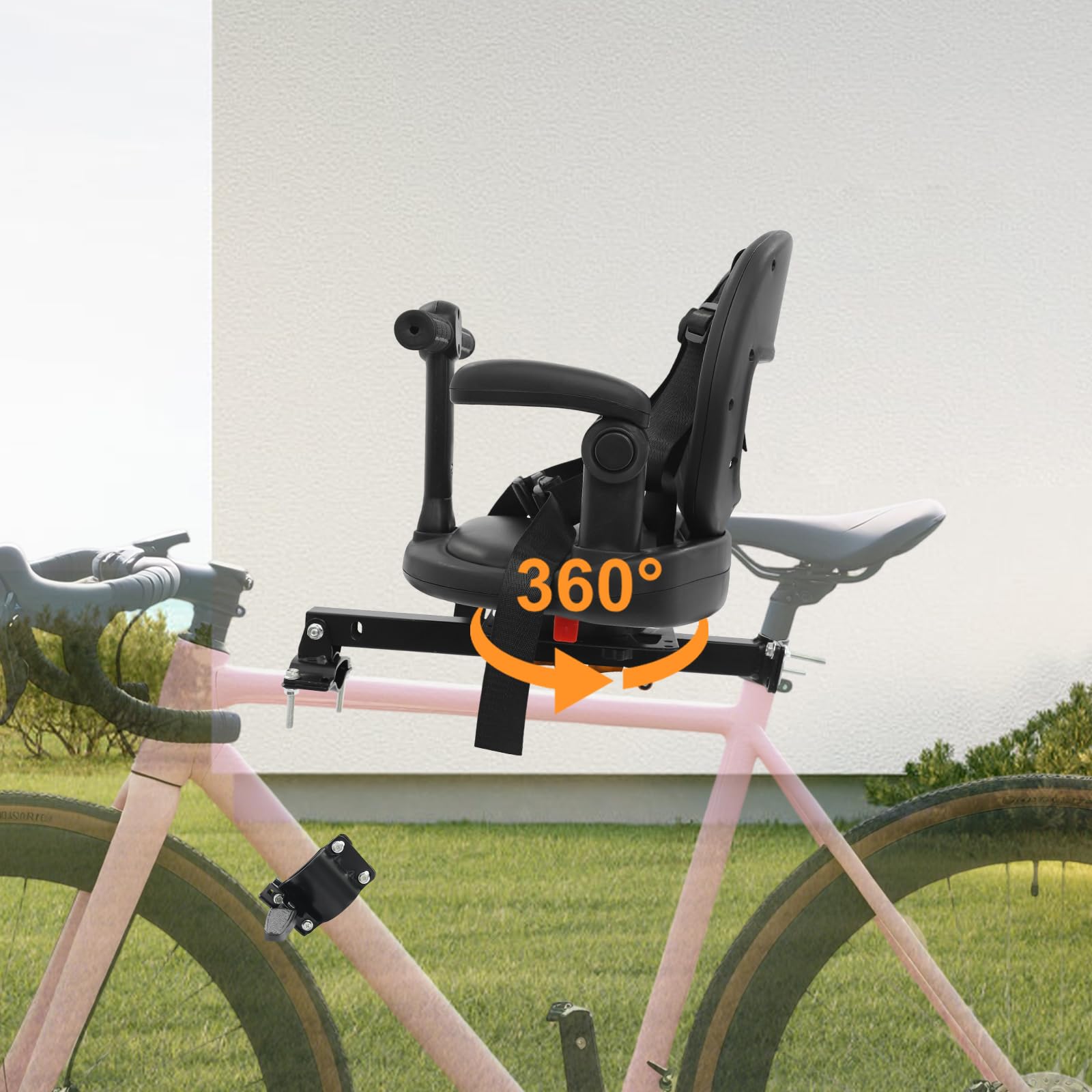 Seggiolino anteriore per bicicletta con schienale montato su tubo di sella, capacità di carico 40 kg, per bambini da 6 mesi a 8 anni, adatto per mountain bike