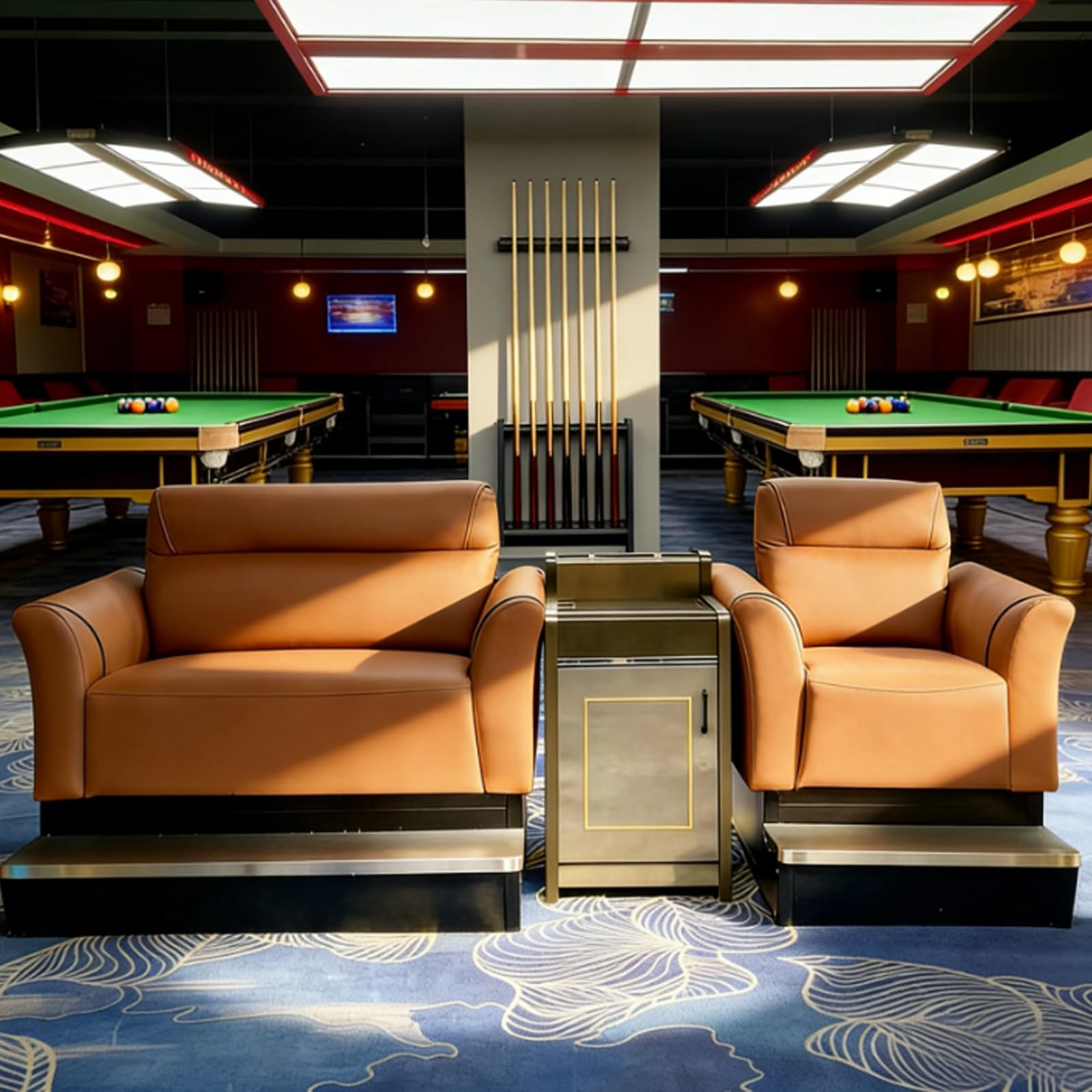 Billard Zuschauer-Sitz-Set, PU-Leder, Sofa mit Getränkehalter, Queue & Schließfach für Club-Spielzimmer