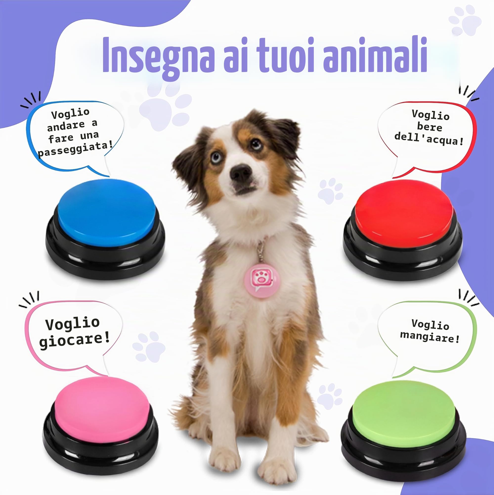 SUHSAI cicalini registrabili per Animali Domestici Buzzer per Cane con Funzione di Registrazione di 30secondi Strumento di Comunicazione per Animali Pulsante per Cani e Gatti-Confezione da 4