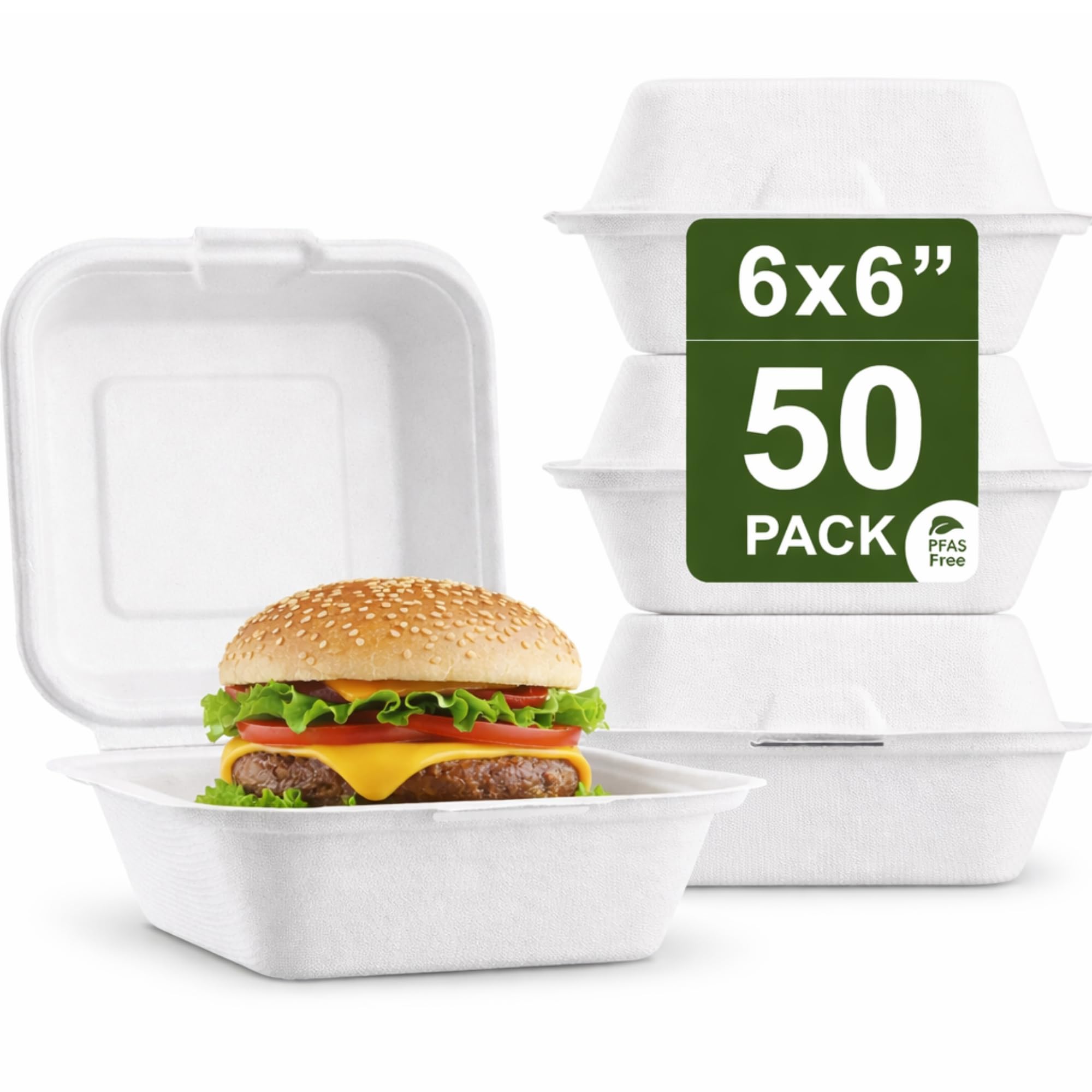 Ruiyang Burger Box 6 x 6 Inch – Pack of 50 Biodegradable Sugarcane Clamshell Food Boxes | Compostable Bagasse Takeaway Containers | Eco-Friendly, Leak Resistant, Heavy Duty Disposable Meal Boxes
