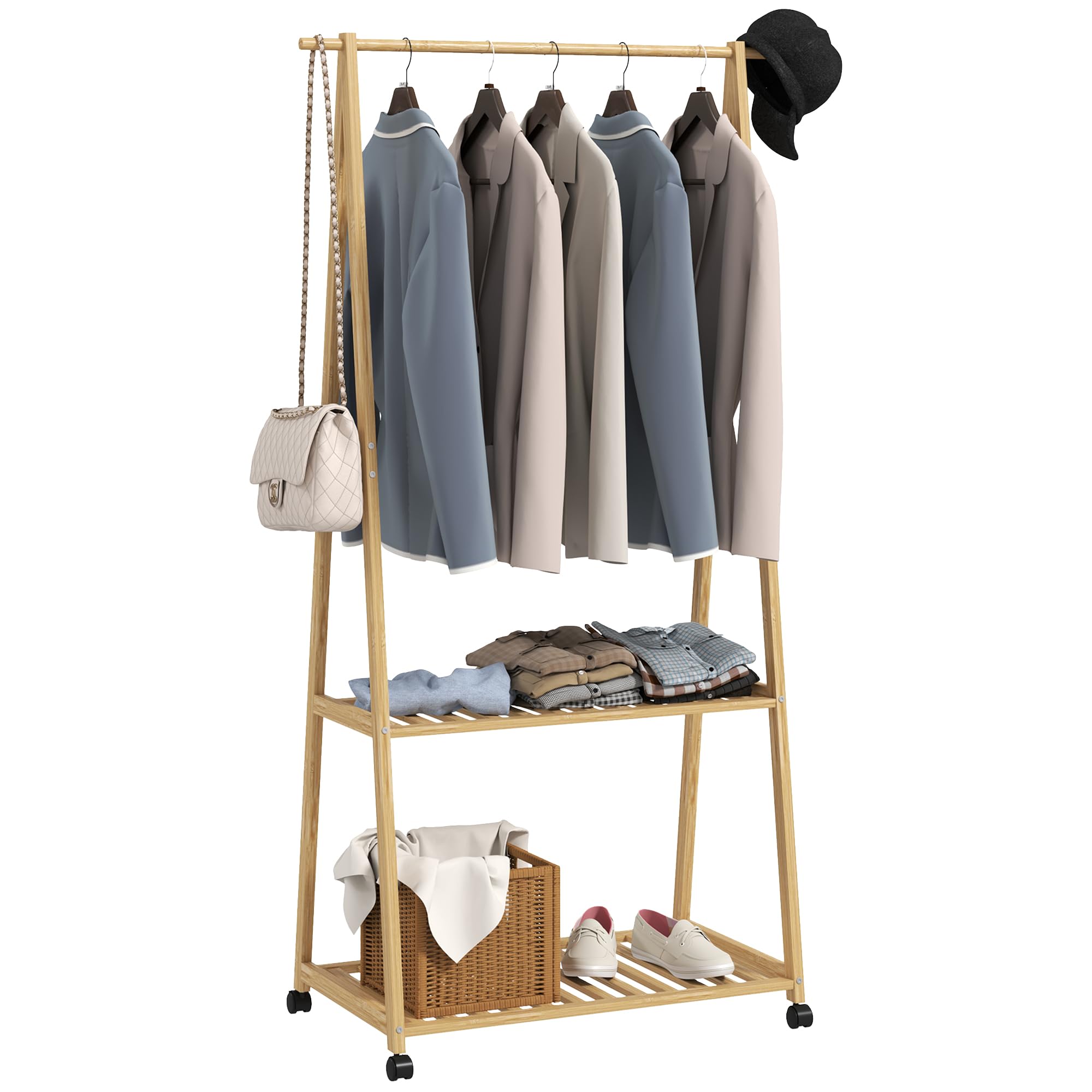 HOMCOM Burro para Ropa de Bambú Perchero Burro para Ropa con Ruedas 2 Estantes Abiertos y 2 Ganchos Perchero para Entrada Pasillo Dormitorio 84,​5x43,​5x158 cm Natural