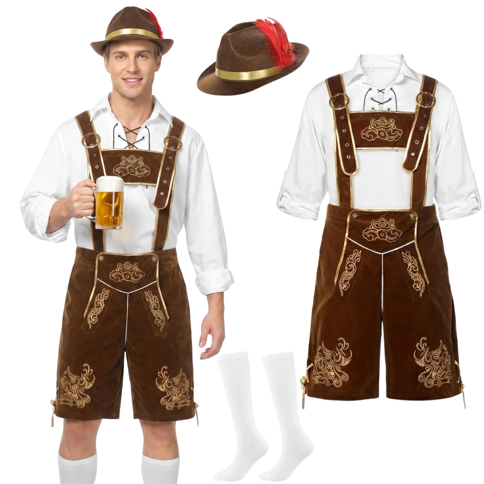 Bayerische Lederhosen Herren Kostüm, Oktoberfest Herren Outfit, Braune Lederhose Herren Tracht mit Socken Trägern Hemd Hut Set für Oktoberfest Karneval Halloween