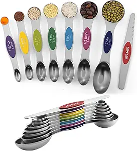 Pack of 8 Stainless Steel Magnetic Measuring Spoons Set, Dual Sided, Stackable, Adjustable Teaspoon and Tablespoon Measure Spoon with Leveler, Kitchen Gadgets