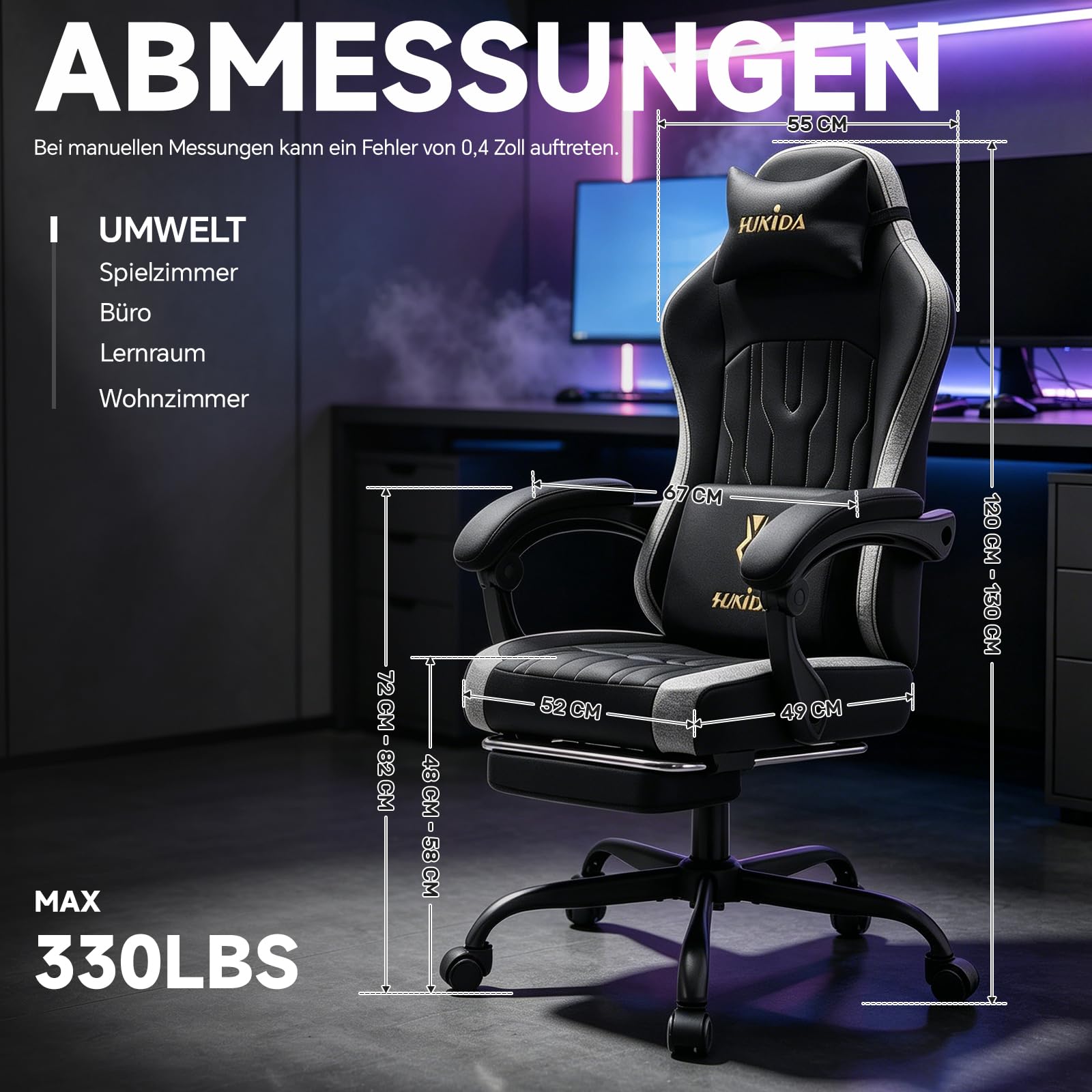 Gaming Stuhl Ergonomischer Elastischer Stretchstoff, Gaming Chair mit Fußstütze Kopfstütze Lendenkissen, Höhenverstellbarer Schreibtischstuhl Neigbar, Bürostuhl für Gaming und Homeoffice,Schwarz