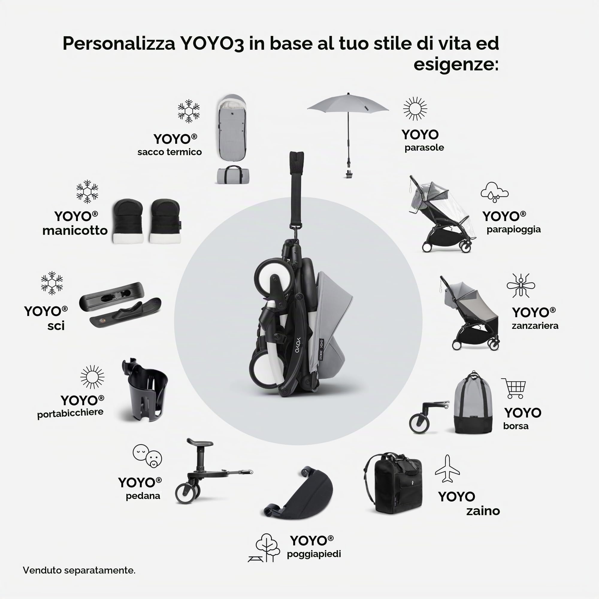 Passeggino Stokke YOYO3 da 6 mesi - Include telaio nero/cuscino seduta Stone + Capottina - Si ripiega e si apre in un lampo - Leggero e compatto - Compatibile con il bagaglio a mano