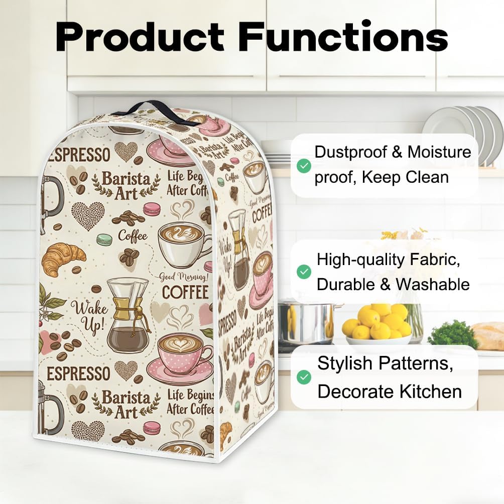 WEBEEDY Coffee Print Blender Dust Cover with Handle, Compatible Small Kitchen Appliance Covers Dustproof Stain Resistant Blender Protector for Stand Mixer Maker Juicer, 18.5x24x40.5cm/7.3x9.4x15.9"