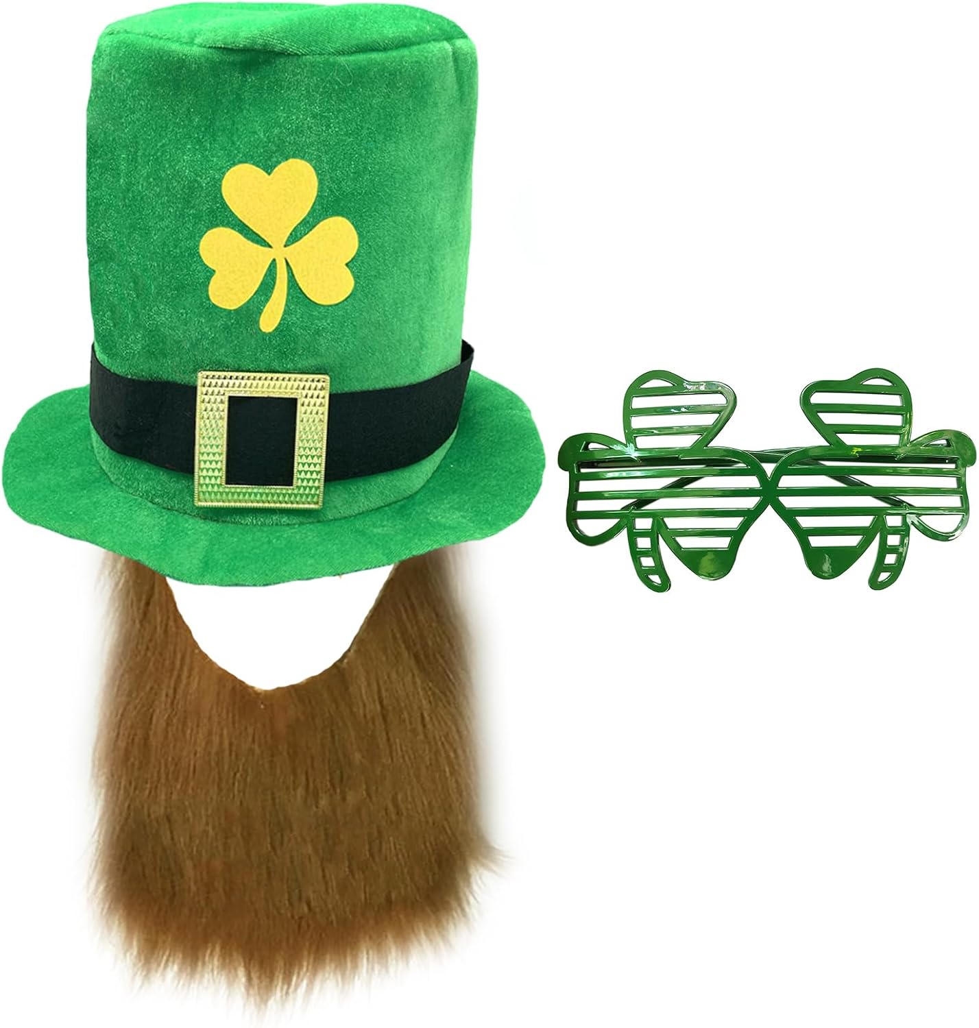 WLBON St. Patrick's Day Top Hat Beard Eyeglasses Glasses Shamrock Clover Cap Headpiece Women Men Green Party Hat for Leprechaun Irish Day Carnival Parade Cosplay Dress Up Birthday Party Accessories