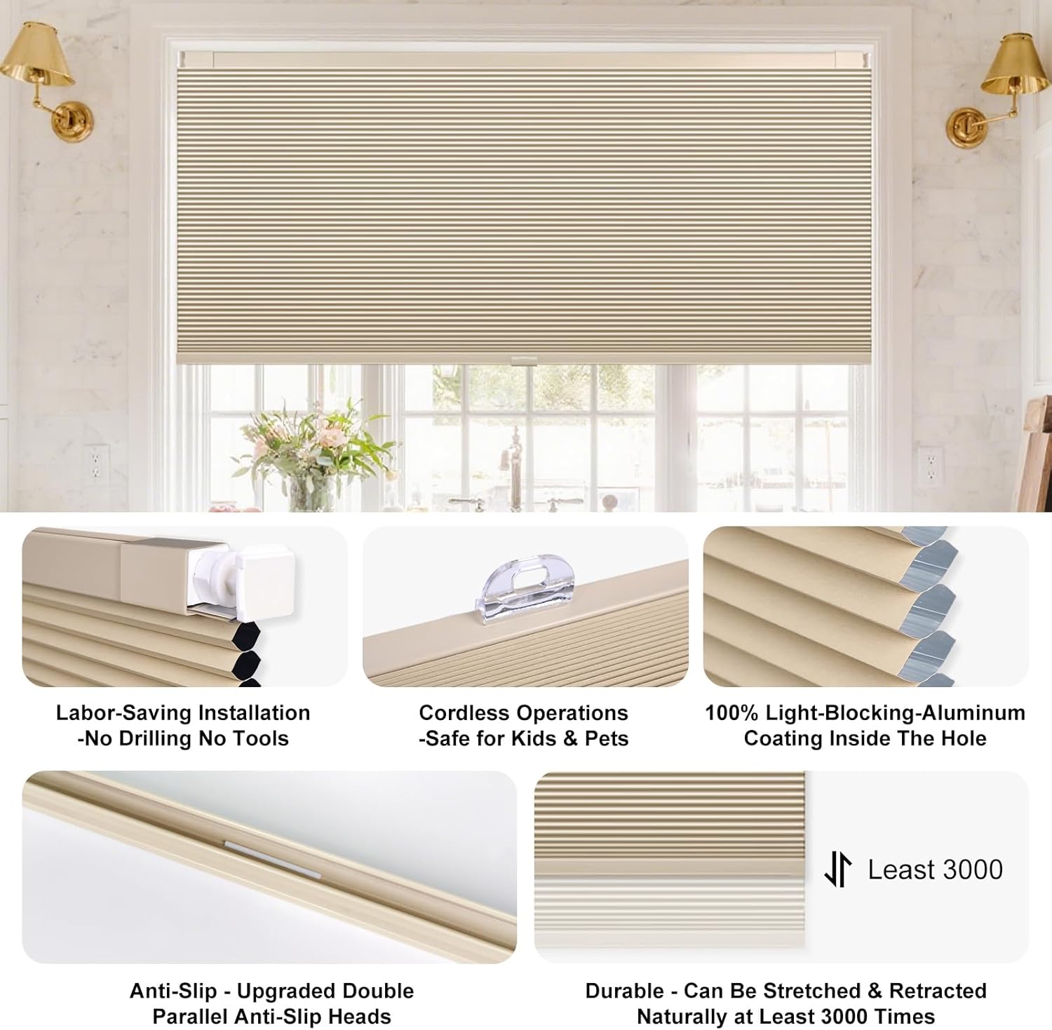 Shade&Beyond No Drill No Tools Blackout Cellular Shades Cordless Easy Install Honeycomb Blinds Thermal Insulated Noise Reduction Blinds for Indoor Windows,Customize Size,Beige