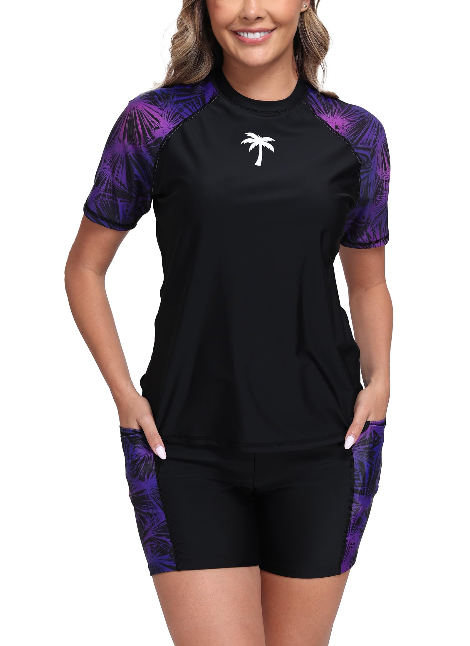 Halcurt Women's 2 Piece Rash Guard Swim Shirts Built in Bra Boyleg Swimsuit