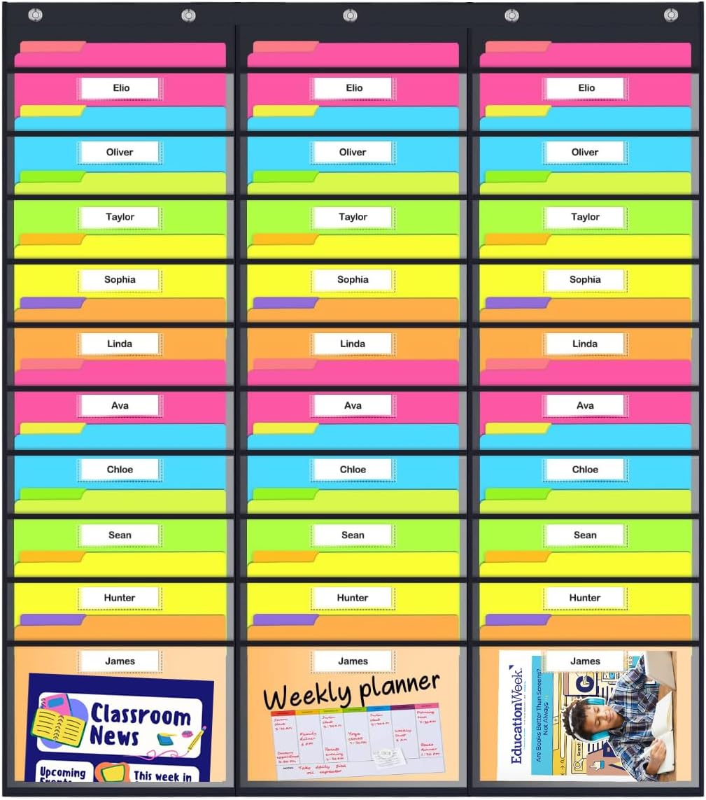 Godery Clear Storage Pocket Chart for Classroom & Office with 30 Nametag Pockets, 5 Overdoor Hangers Included, Hanging Wall File Organizer for File Folders, Assignments, Files, Scrapbook Papers & More