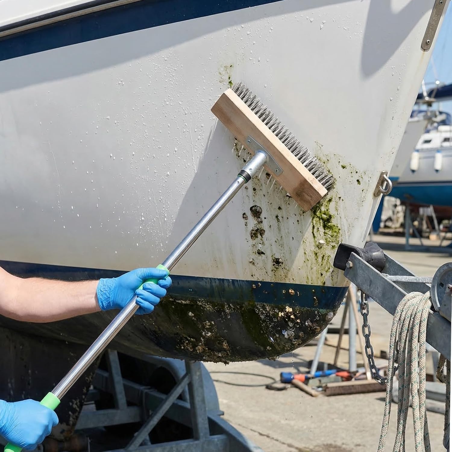 FUOYLOO Boat Deck Brush: Long Handle Marine Wire Scrubber 50inch/1.2m for Metal Rust Removal and Outdoor Cleaning, Handheld 3-Section Wire Brush Broom