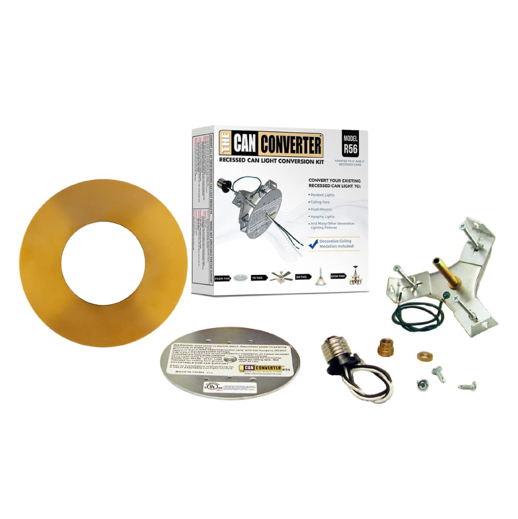 The Can Converter R56 Recessed Can Light Conversion Kit w/ 7"¾ Flat Ceiling Medallion - Home Improvement for 5" &amp; 6" Cans, Converter Kit for Ceiling Fan &amp; Light Fixture, UL Certified, Polished Gold