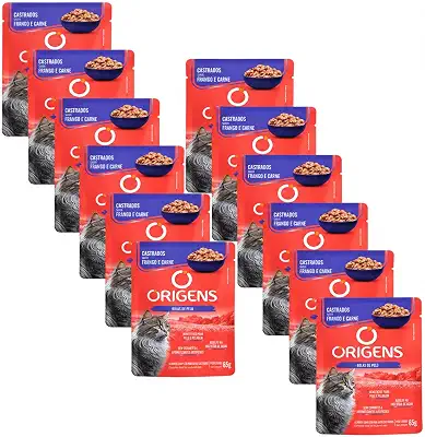 Ração Úmida Origens Sachê Gatos Castrados Frango e Carne 85g 12un