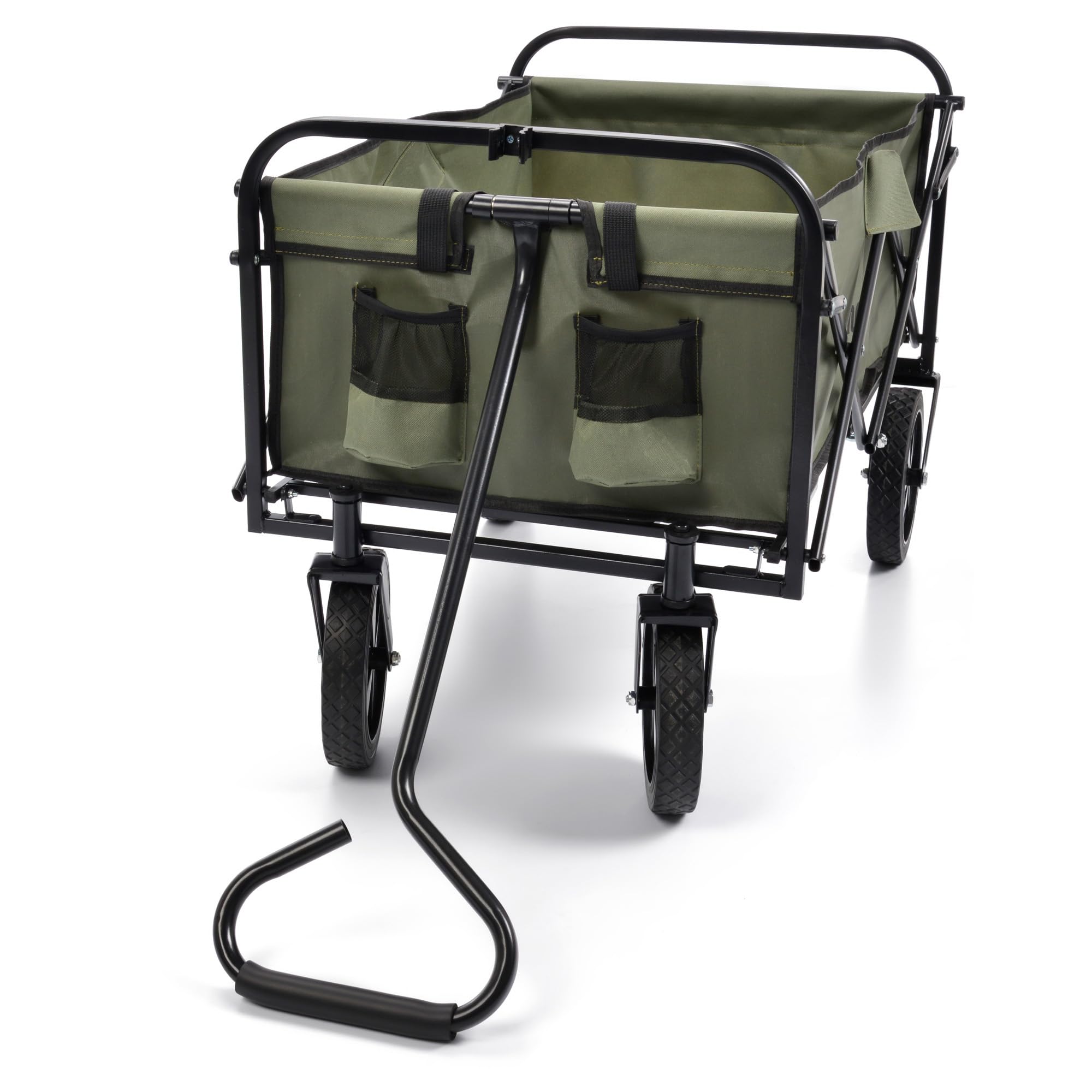 meteor Bollerwagen faltbar X-200 90L Transportwagen und Handwagen mit 80 kg Tragkraft klappbarer Gartenwagen mit Stahlrahmen PU-Rädern Seitentaschen für Camping Strand Einkauf dunkelgrün
