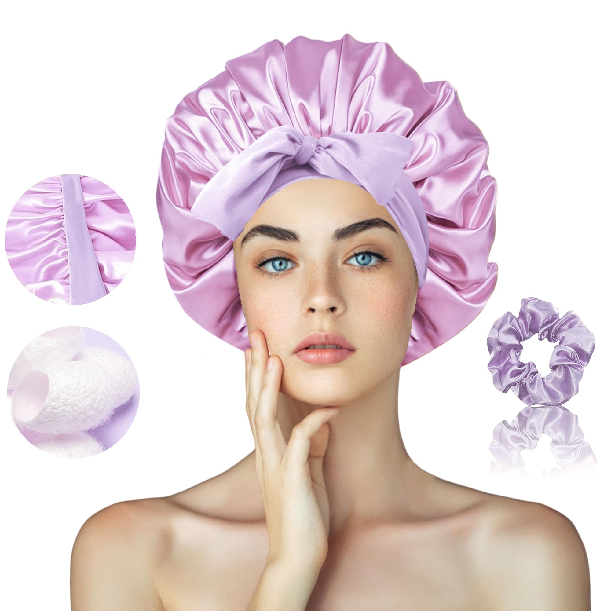Simnice Silk Bonnet for Sleeping Women - 100% Silk Sleeping Bonnet，Large Double-Layer Mulberry Silk Bonnets with Elastic Tie Band for Hair Care,