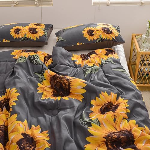 Miniatura 10 de NTBED Juego de edredón de girasoles amarillo floral botánico de microfibra de 3 piezas para niñas, adolescentes y mujeres (naranja tostado, King)