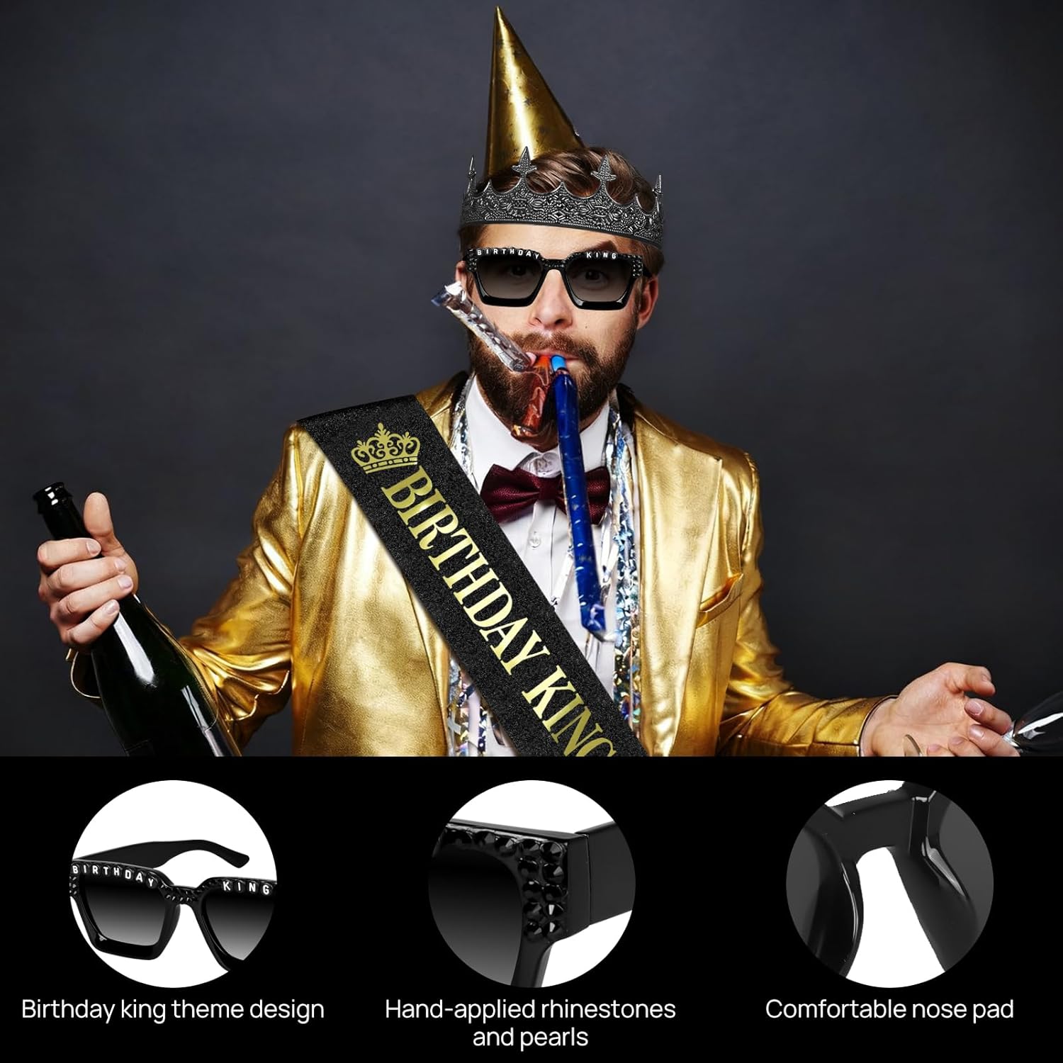 Edussy 3 pcs Black Birthday Decorations for Men Set,Happy Birthdays Sunglasses ,Gothic Birthdays King Crown and Sash for Birthday Gifts for Men and Him