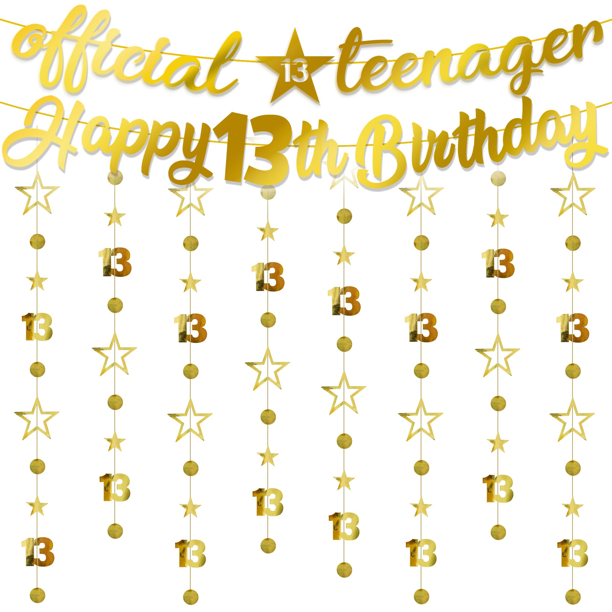 13th Birthday Decorations Banner Girls - 10 Pcs Pre-Strung Gold Glitter Official Teenager Banner Star Garland Twinkle Hanging Streamer Bunting Backdrop For Boys 13 Years Old Party Decor