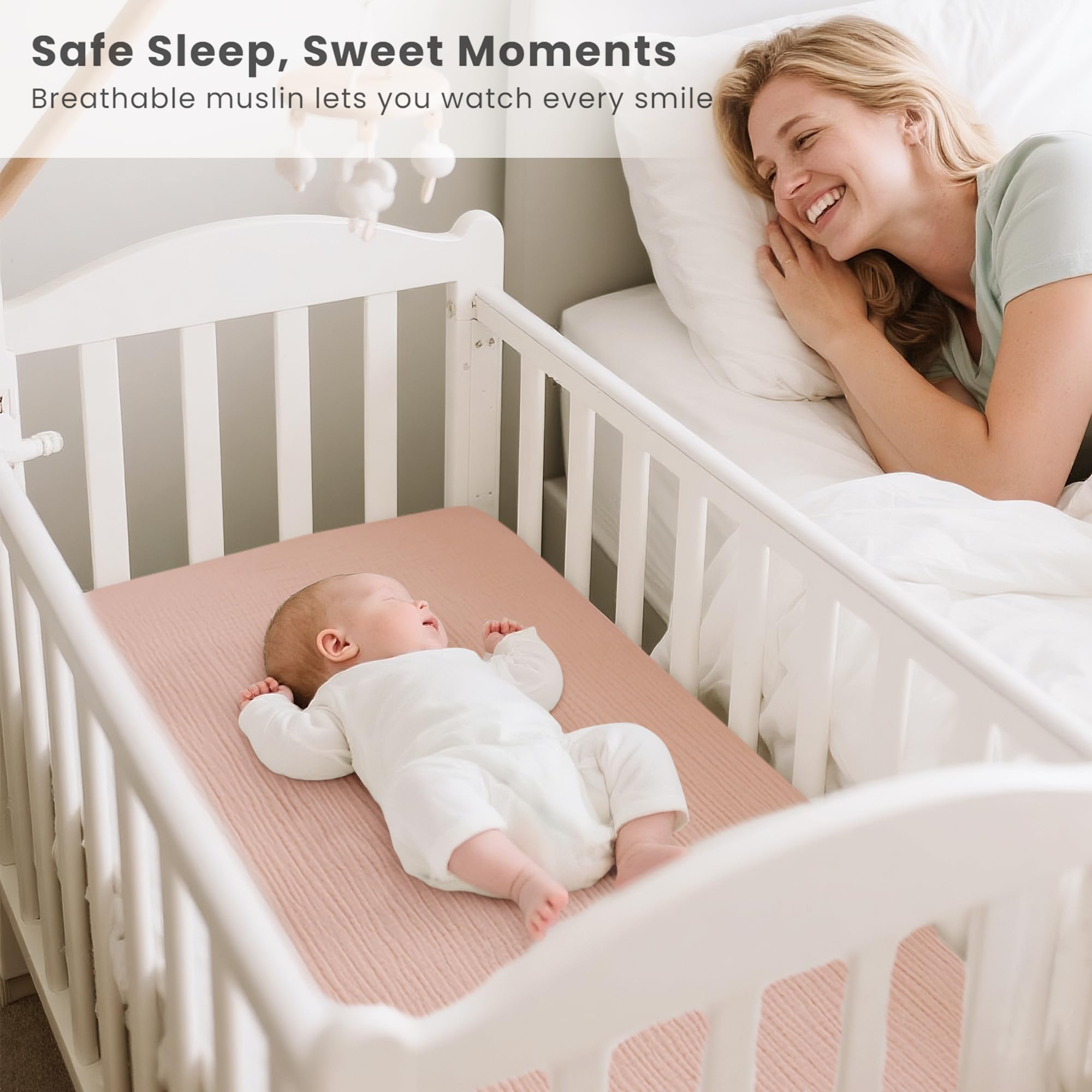 Konssy 2er-Pack Musselin Korbbezug für Baby Mädchen Jungen, 83 cm x 53 cm | 100% Baumwolle, weiche Körbchenbettchen, geeignet für Babyfreude, Traum auf mich, rechteckige Bettmatratzen (rosa, creme)