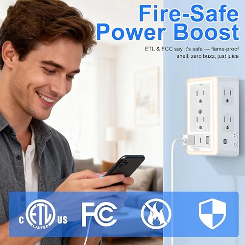 Miniatura 6 de Extensor de toma de pared con puertos de carga USB, bloque de extensión de enchufe 9 en 1, múltiples salidas de CA, divisor de concentrador de