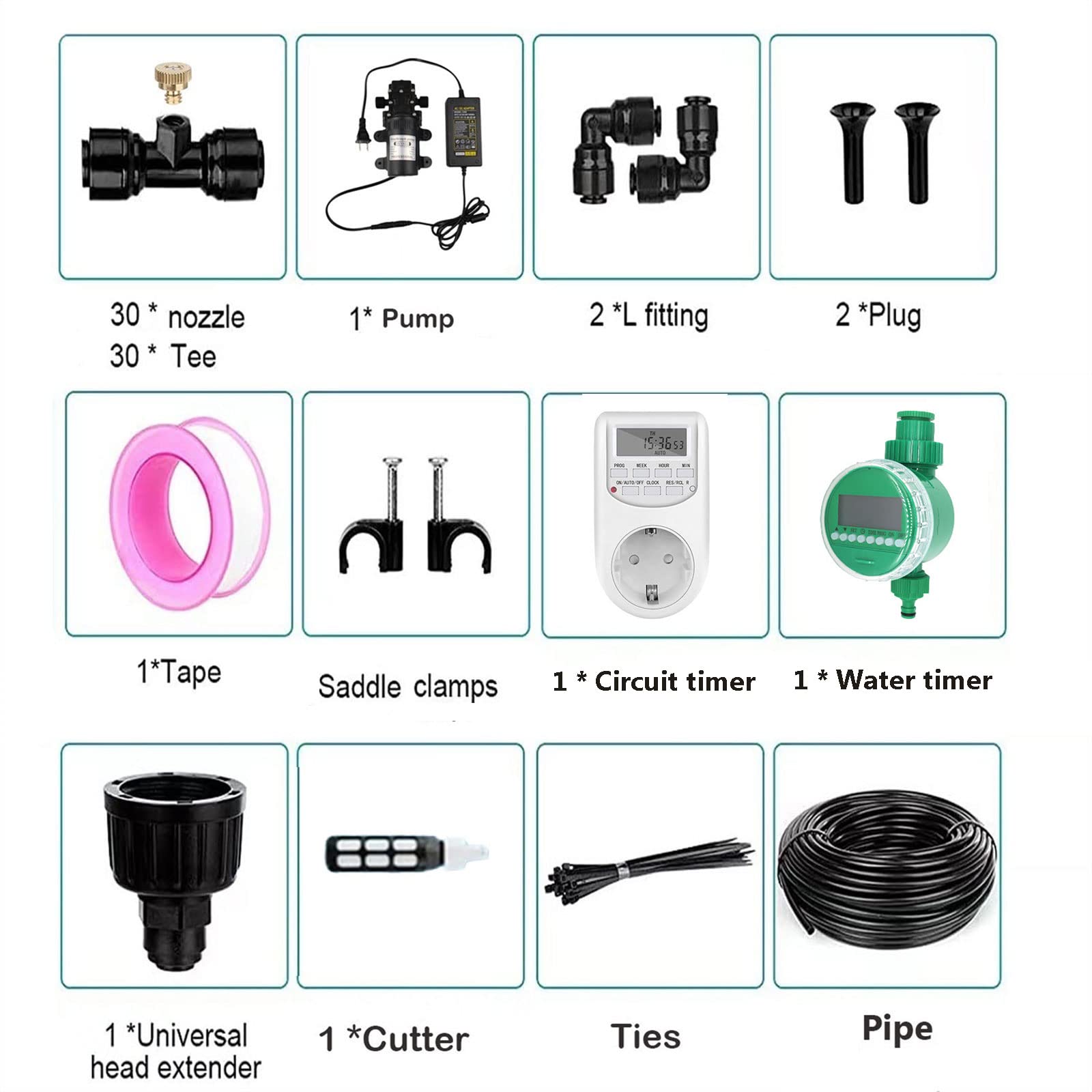 Kit de système de refroidissement de brumisation extérieure avec minuteries et 2 24 V Pompe et laiton Pulplateeurs et filtres, Patio Mister Mister System Système d'irrigation pour le patio extérieur