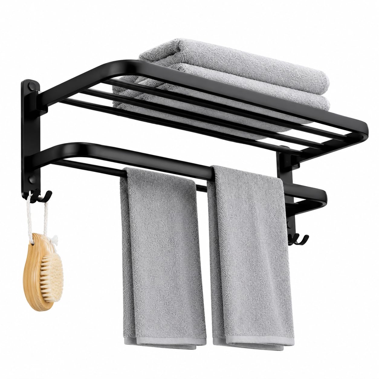 double layer shelf with towel rod | made with 100% 304 grade stainless steel | wall mounted bathroom shelf with hooks | matt black finish | lifetime rust proof organizer stand