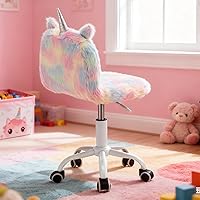Vista 3 de Linda silla mullida para niños, divertida silla de escritorio con ruedas para estudio, silla giratoria de tocador para niñas con pie blanco