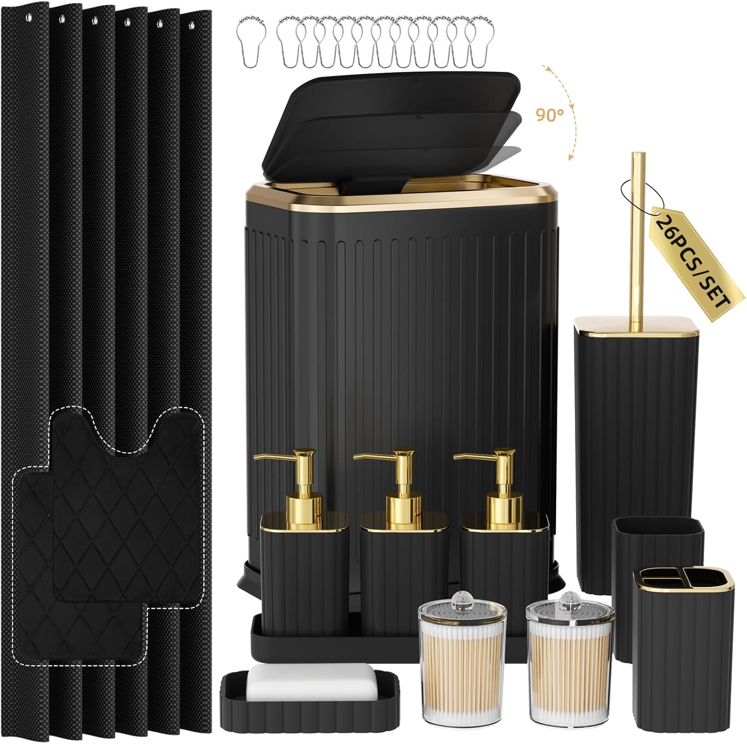 Bathroom Accessory Set - 26PC Bathroom Sets with Shower Curtain and Rugs, Black Bathroom Set, Bathroom Sets with Stainless Steel Trash Can, Toilet Brush